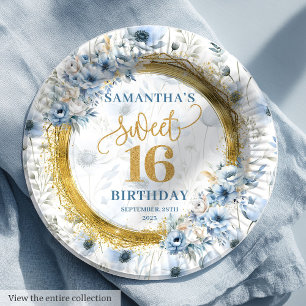 Prato De Papel Azul com poeira personalizada Doce 16 Dourado Aniv