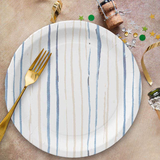 Prato De Papel Azul Costeiro e Bruto de Areia Strike (Watercolor Striped Party Plates from my Floral Number Birthday Party Collection)