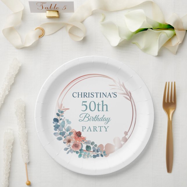 Prato De Papel Azul de cobre russo Floral 50ª Festa de aniversári (Casamento)
