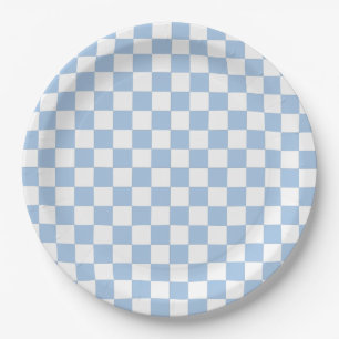 Prato De Papel Azul Desbotado e Xadrez Branco