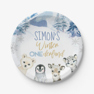 Prato De Papel Azul Dourado Ártico inverno Onederland Aniversário
