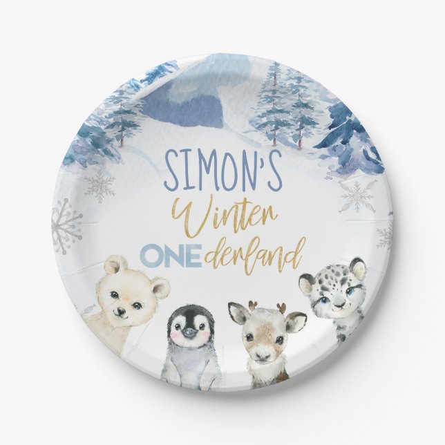 Prato De Papel Azul Dourado Ártico inverno Onederland Aniversário (Frente)