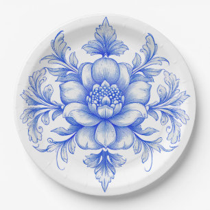 Prato de papel azul e branco em estilo chinoiserie