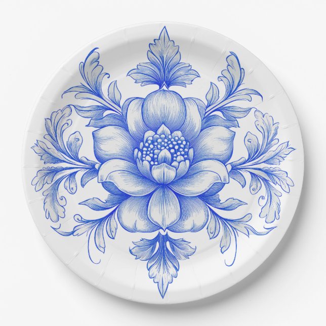 Prato de papel azul e branco em estilo chinoiserie (Frente)