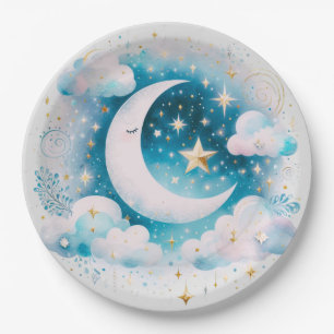 Prato De Papel Azul e Crescente Branco Lua Celestial Boho Moderno