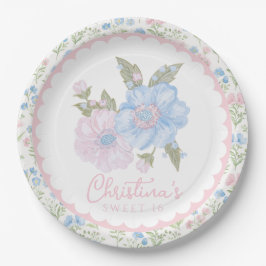 Prato De Papel Azul e Rosa Grandmillennial Floral Sweet 16