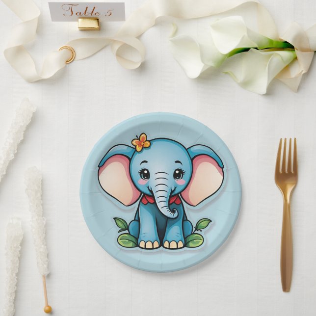 Prato De Papel Azul-Elefante Bebê Adorável (Casamento)
