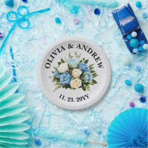 Prato De Papel Azul Elegante Personalizado e Floral Branco