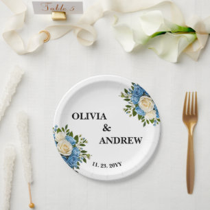 Prato De Papel Azul Elegante Personalizado e Floral Branco