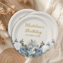 Azul Empoeirado Branco Floral Dourado Aniversário