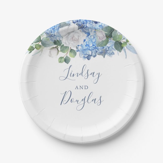 Prato De Papel Azul Empoeirado Floral Verdura Casamento Hydrangea (Frente)