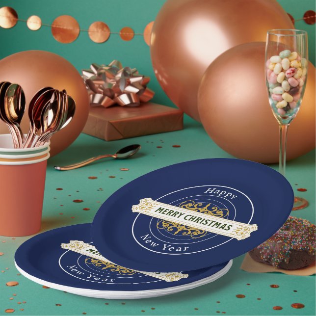 Prato De Papel Azul Feliz Natal, Feliz ano novo de papel (Múltiplo)