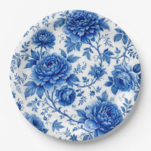Azul Fluido Flores Rosas Peônias Azul Cobalto Bran