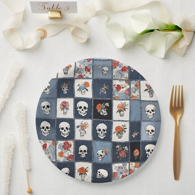 Prato De Papel Azul, Jean Denim, Patchwork Skulls E Florals (Casamento)