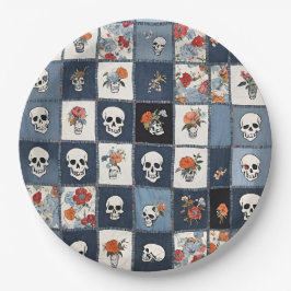 Prato De Papel Azul, Jean Denim, Patchwork Skulls E Florals