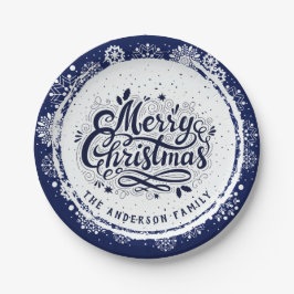 Prato De Papel Azul Marinho & Branco Elegante Natal Minimalista
