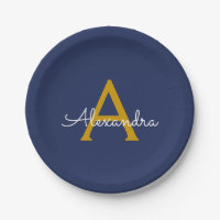 Azul Marinho Dourado Feminino Monograma Nome Moder