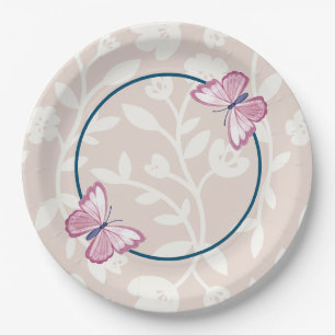Prato De Papel azul marinho rosa floral borboleta