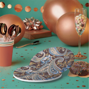 Prato De Papel Azul Marrom Vintage Paisley Novo