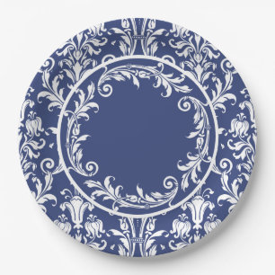 Prato De Papel Azul Naval Branco Damasco Flores Girando Sofistica