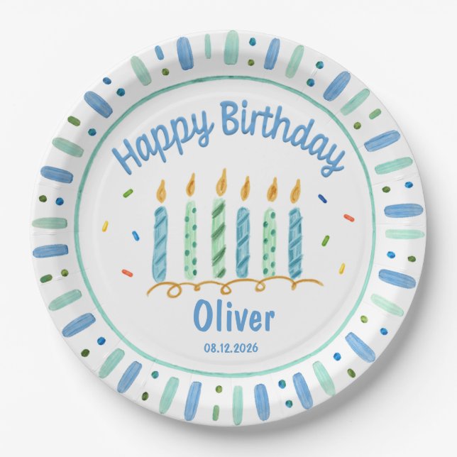 Prato de papel azul personalizado para aniversário (Frente)