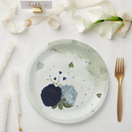 Prato De Papel azul poeirento e flores azuis marinhos verdes