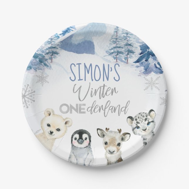 Prato De Papel Azul Prata Ártico inverno Onederland Aniversário (Frente)