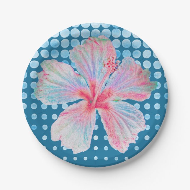 Prato De Papel Azul Teal Dotado com Hibiscus (Frente)