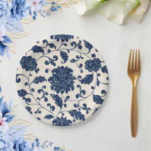Prato De Papel Azul Vintage + Floral Botânico Branco Girando 