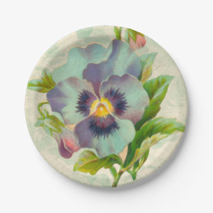 Prato De Papel Azul Vintage Pansy Floral Watercolor