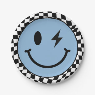 Prato De Papel Azul Xadrez Ondulado Feliz Sorriso Aniversário