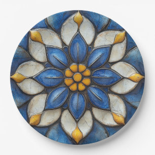 Prato De Papel Azulejo Azul Azul Branco e Amarelo