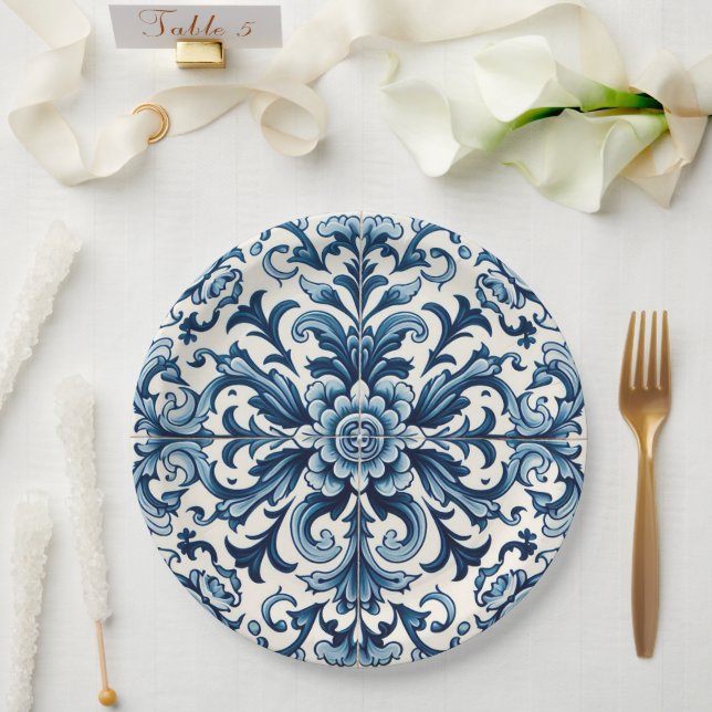 Prato De Papel Azulejo azul português (Casamento)