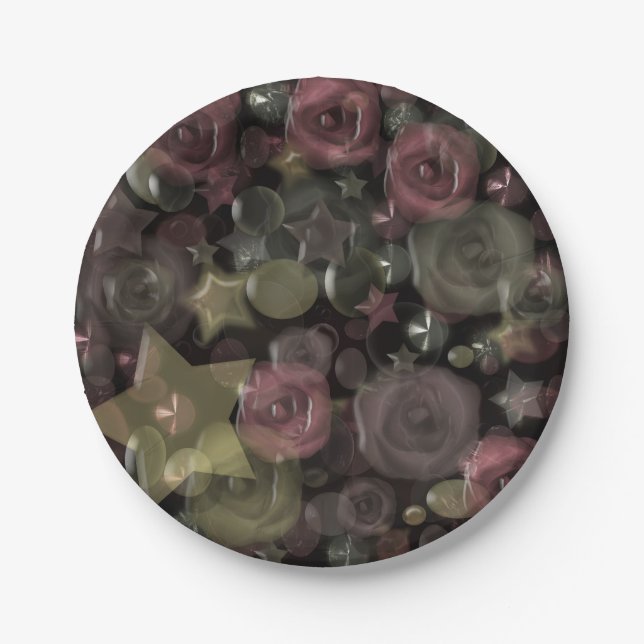 Prato De Papel Azulejo de vidro rosas líquidos 3D e estrelas (Frente)