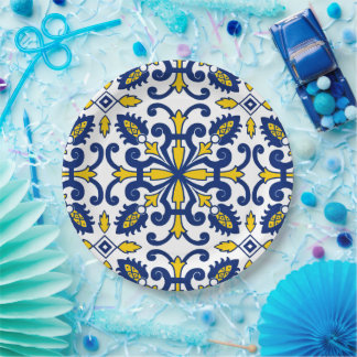 Prato De Papel Azulejo Decorativo Blue Yellow