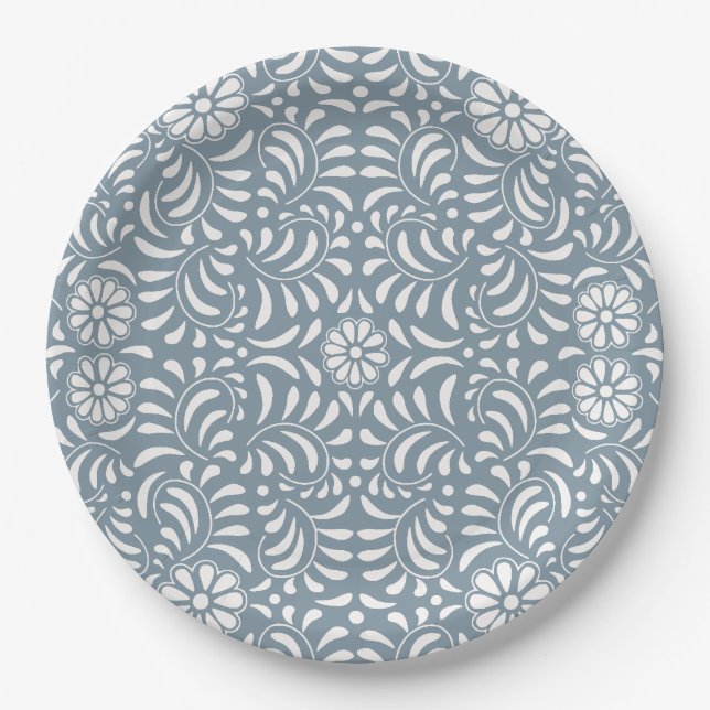Prato De Papel Azulejo Dusty Blue Talavera Estilo Espanhol Fiesta (Frente)