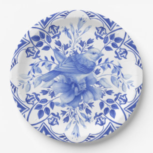 Prato De Papel Azulejo Floral Branco e Azul com Pássaro