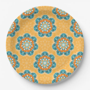 Prato De Papel Azulejo Floral Mandala em Laranja e Teal