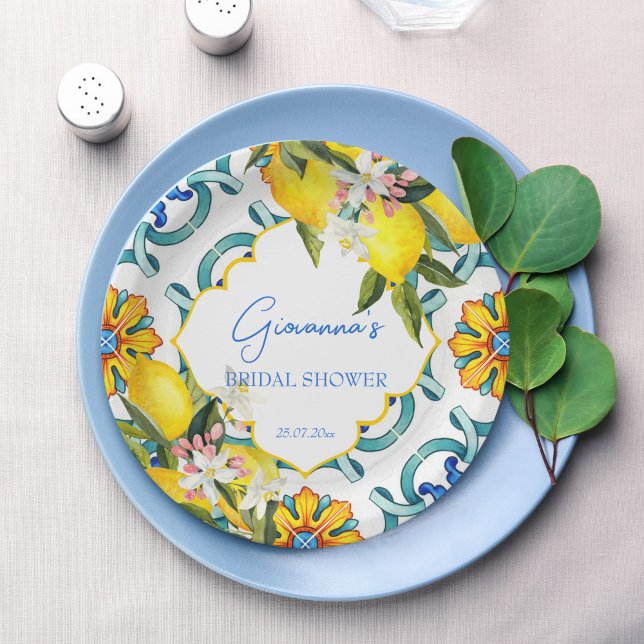 Prato De Papel Azulejo-limão-chá de panela-do-mar-mediterrânico (Mediterranean Majolica blue tiles lemons bridal shower personalized printed Paper Plates table decor)