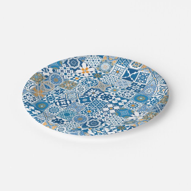 Prato De Papel Azulejo marroquino - azul e laranja (Inclinado)