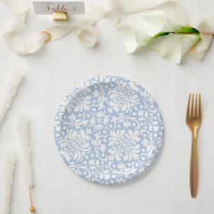 Prato De Papel Azulejo Ornamental Damask Azul Claro e Branco