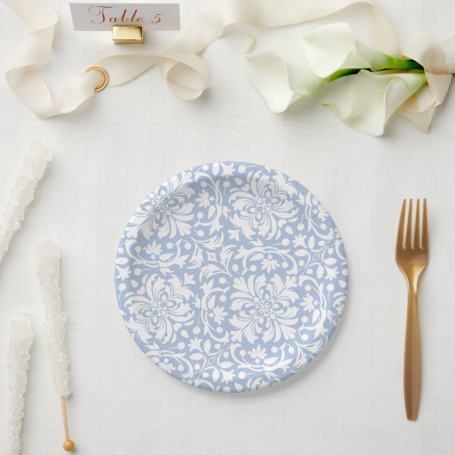 Prato De Papel Azulejo Ornamental Damask Azul Claro e Branco (Casamento)