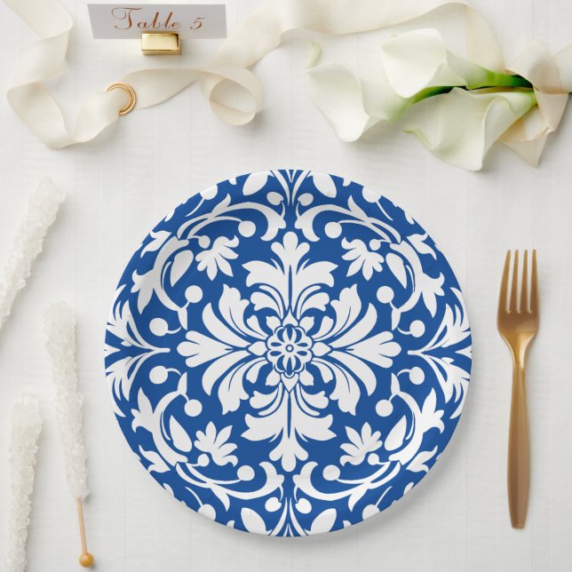 Prato De Papel Azulejo Ornato Damasco Azul e Branco (Casamento)