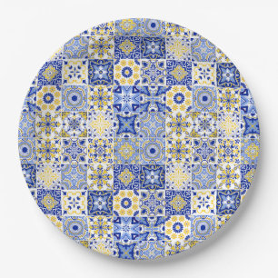 Prato De Papel Azulejo Português Mosaico de Majólica Azul e Amare