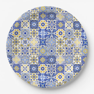 Prato De Papel Azulejo Português Mosaico de Majólica Azul e Amare