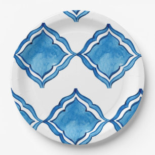 Prato De Papel Azulejo Redondo Azul Cobalto Mediterrâneo