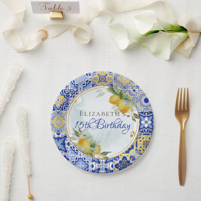 Prato De Papel Azulejos Amarelos Italianos Limões Citrus Dourado  (Casamento)