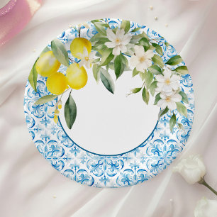 Prato De Papel Azulejos Azuis Mediterrâneos e Limões Chá de Noiva
