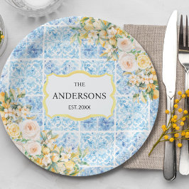 Prato De Papel Azulejos Azuis Mediterrâneos Flor Limão Nome da Fa