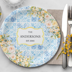 Prato De Papel Azulejos Azuis Mediterrâneos Flor Limão Nome da Fa